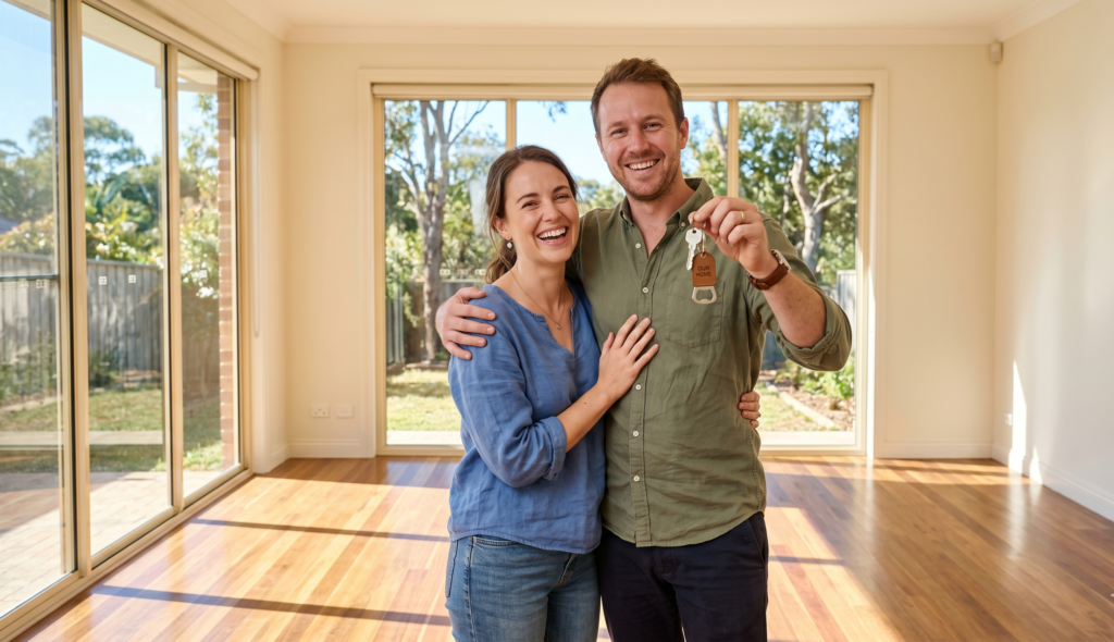 First home buyer couple holding keys to a residential property in Australia